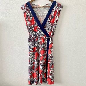 Soma faux wrap v-neck sleeveless damask patterned dress tie back size Medium